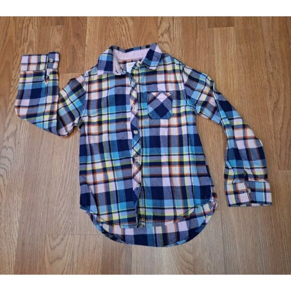 Cat & Jack Boys Blue Pink Flannel Button Up Long Sleeve Shirt Small Size 6/6X - Picture 1 of 9